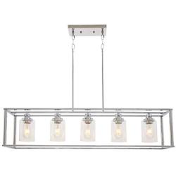 VINLUZ 5 Light Chandeliers Chrome with Clear Glass Shade Modern Industrial Kitchen Island Pendant Lights Linear Dining Room Lighting Fixtures Hanging, Farmhouse Flush Mount Ceiling Light for Bar