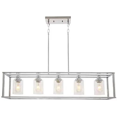 VINLUZ 5 Light Chandeliers Chrome with Clear Glass Shade Modern Industrial Kitchen Island Pendant Lights Linear Dining Room Lighting Fixtures Hanging, Farmhouse Flush Mount Ceiling Light for Bar