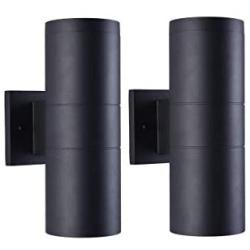 mirrea Modern Outdoor Porch Light Patio Light in 2 Lights with Matte Black Aluminum Cylinder and Tempered Glass Cover Waterproof Wall Sconce 2 Pack