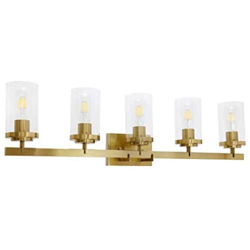 BONLICHT Vanity Lights Bathroom Fixture Brushed Brass 5 Light Farmhouse Wall Sconce Lighting with Clear Glass Shade Modern Wall Light Fixture Bath Kitchen Dining Room Hallway Porch Light Wall Mount
