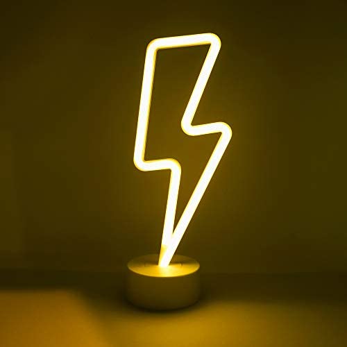 Isaac Jacobs 11.75” x 4.35” LED Neon Yellow Lightning Bolt Tabletop Lamp, White Base, Night Light, for Bedroom Décor & Party; Battery Powered (Batteries Not Included) (Yellow Lightning Bolt)