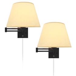 Swing Arm Wall Lamp 11.02'' Shade Width Plug in Wall Mount Opaque Beige Linen Shade 60W 2-Way Installations(2 Light)