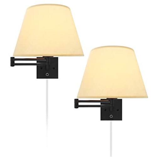 Swing Arm Wall Lamp 11.02'' Shade Width Plug in Wall Mount Opaque Beige Linen Shade 60W 2-Way Installations(2 Light)