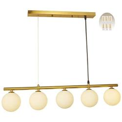 BAODEN 5-Lights Globe Mid Century Chandelier Modern Farmhouse Pendant Light Fixture with G9 Bulb Brushed Brass Finished with White Globe Glass Lampshade Dining Kitchen Island Bedroom Lighting (Gold)