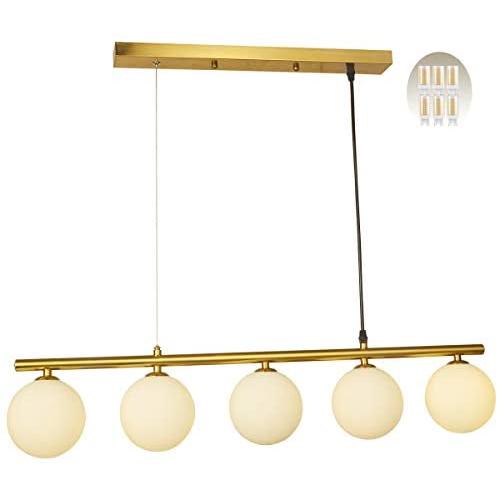 BAODEN 5-Lights Globe Mid Century Chandelier Modern Farmhouse Pendant Light Fixture with G9 Bulb Brushed Brass Finished with White Globe Glass Lampshade Dining Kitchen Island Bedroom Lighting (Gold)