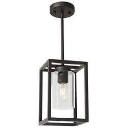 VINLUZ Modern 1-Light Cage Kitchen Island Pendant Lighting with Glass Shade Oil Rubbed Bronze Chandeliers Dining Room Lighting Fixtures Hanging Semi Flush Mount Ceiling Lights Bedrooms Hallway