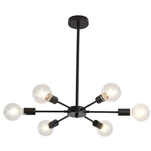 UOFUS Sputnik 6 Light Chandelier Black Mid Century Chandelie Modern Ceiling Light Fixture Pendant Lighting for Kitchen Dining Room Living Room Bedroom