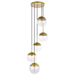 A1A9 Pendant Lights with Sphere 5-Light, Modern Industrial Clear Glass Ball Globe Ceiling Light Fitting, E26 LED Chandelier Lamp Fixture for Kitchen Island, Bar, Dining Room, Counter, Cafe (Brass)