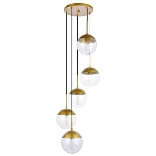 A1A9 Pendant Lights with Sphere 5-Light, Modern Industrial Clear Glass Ball Globe Ceiling Light Fitting, E26 LED Chandelier Lamp Fixture for Kitchen Island, Bar, Dining Room, Counter, Cafe (Brass)