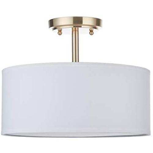 13'' 2 Light Fabric Drum Off White Shade semi Flush Mount Ceiling LED Light PS Diffuser with Brushed Bronze Finish, Chandeliers Shade for Bar, Dining Room, Corridor,Living Room.