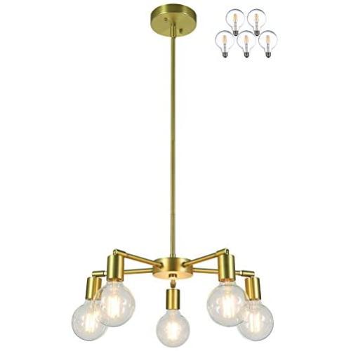 XiNBEi Lighting Chandeliers, 5 Light Brass Pendant Lighting with LED Bulbs for Kitchen & Dining Room XB-C1211-5-SB