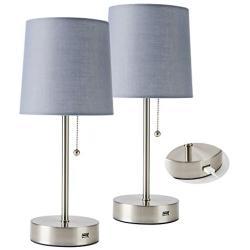 CO-Z USB Table Lamps Set of 2 with Gray Fabric Shade, Modern Bedside Lamps with 2A USB Port, Silver Matching Nightstand Lamps for Bedroom, Living Room, Office, Accent