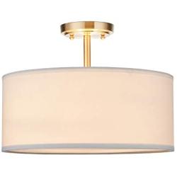 15'' 2 Light Off White Fabric Drum Shade semi Flush Mount Ceiling Led Light PS Diffuser with Brushed Bronze Finish, Chandeliers Shade for Bar, Dining Room, Corridor,Living Room