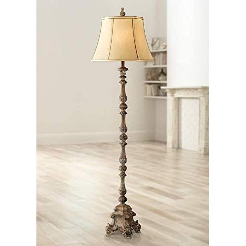 Rustic Floor Lamp French Faux Wood Antique Candlestick Beige Silk Bell Shade for Living Room Reading Bedroom Office - Regency Hill