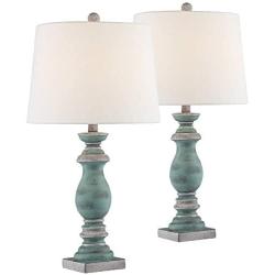 Patsy Country Cottage Table Lamps Set of 2 Blue Gray Washed Tapered Fabric Drum Shade for Living Room Bedroom Bedside Nightstand Office Family - Regency Hill