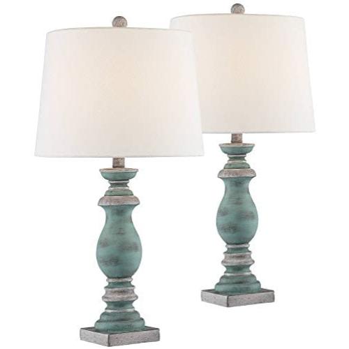 Patsy Country Cottage Table Lamps Set of 2 Blue Gray Washed Tapered Fabric Drum Shade for Living Room Bedroom Bedside Nightstand Office Family - Regency Hill