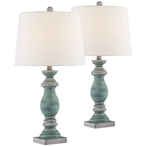 Patsy Country Cottage Table Lamps Set of 2 Blue Gray Washed Tapered Fabric Drum Shade for Living Room Bedroom Bedside Nightstand Office Family - Regency Hill Patsy Country Cottage Table Lamps Set of 2 Blue Gray Washed Tapered Fabric Drum Shade for Living Room Bedroom Bedside Nightstand Office Family - Regency Hill
