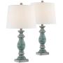 Patsy Country Cottage Table Lamps Set of 2 Blue Gray Washed Tapered Fabric Drum Shade for Living Room Bedroom Bedside Nightstand Office Family - Regency Hill