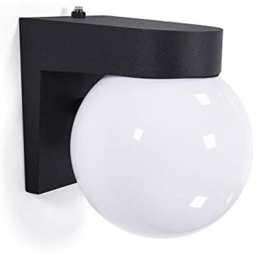 CORAMDEO Commercial Residential Outdoor Globe Light, Porch Light, Dusk to Dawn Photocell, Wet Location, Built in LED Gives 75W of Light, 800 Lumens, 5K, Black Cast Aluminum with Acrylic Globe