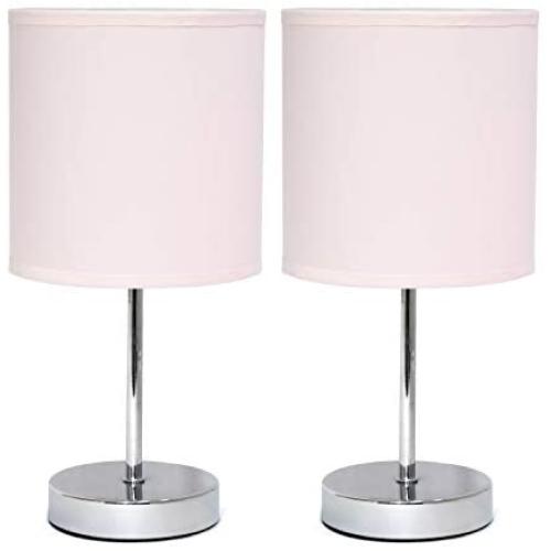 Simple Designs LT2007-BPK-2PK Chrome Mini Basic Fabric Shade 2 Pack Table Lamp Set, Blush Pink, 2 Count
