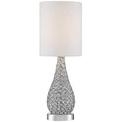 Kasey Modern Accent Table Lamp Crystal Bead Silver Gourd White Drum Shade for Living Room Family Bedroom Bedside Nightstand - Possini Euro Design