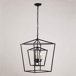 Decomust 17'' Lantern Pendant Light Industrial Vintage Lantern Iron Cage Hanging with 3-Light, Chandelier for Traditional Dining Room Bar Cafe (Black)