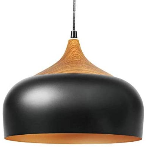 Combuh Solid Wood Dome Pendant Light Removable Bulb E26 Base Modern Lantern Lighting Fixture,Black Vintage Style, Cord Adjustable, Ceiling Hanging Lamp for Kitchen Island, Dining Room, Living Room