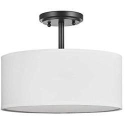 13'' 2 Light Fabric Drum Off White Shade semi Flush Mount Ceiling LED Light PS Diffuser with Painting Black Finish, Chandeliers Shade for Bar, Dining Room, Corridor,Living Room.