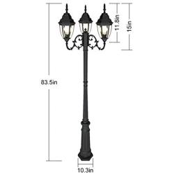 Outdoor Lamp Post Light, Waterproof Outdoor Street Light with Triple-Head Black Lamp Post Die-Cast Aluminum with Clear Glass Panels Pole Street Light for Pathway, Patio, Backyard,Garden