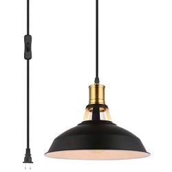 Pendant Light with Plug in 15Ft Braided Cord and Switch Rustic Hanging Lamp with Metal Shade Vintage Swag Lighting for Kitchen Island Dining Room Bar Counter(BLACK-10.63'')