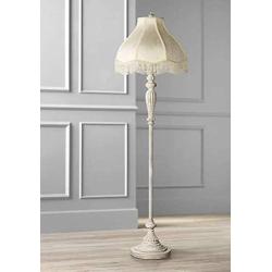 Vintage Shabby Chic Floor Lamp Antique White Cream Scallop Fabric Dome Shade with Fringe for Living Room Reading Bedroom - 360 Lighting