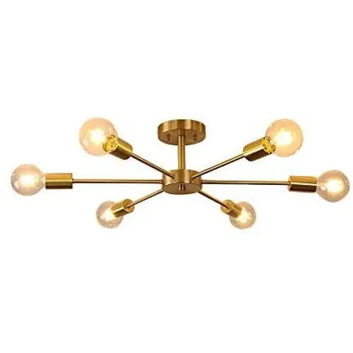 Modo Lighting Flush Mount Ceiling Lighting Sputnik Chandelier Fixture Brushed Brass 6-Light Mid-Century Pendant Light for Dining Room Bedroom