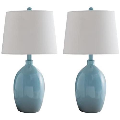 Kings Brand Light Blue With White Fabric Shade Table Lamps, Set of 2
