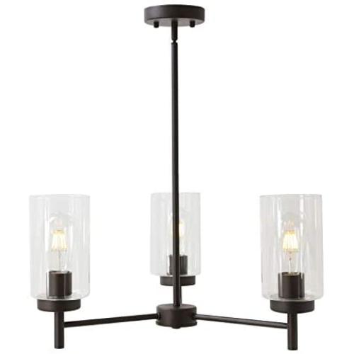 VINLUZ Contemporary 3-Light Chandeliers Rustic Clear Glass Shades Pendant Lighting Oil Rubber Bronze Dining Room Lighting Fixtures Hanging Adjustable Wire Semi Flush Ceiling Lights