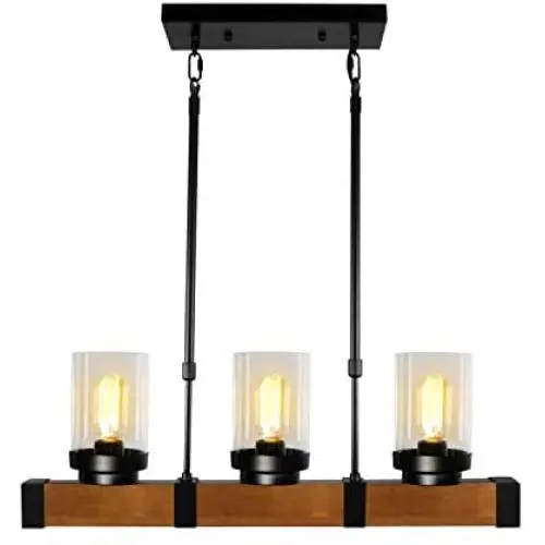 PUZHI HOME Modern Kitchen Island Pendant Light, 3 Lights Wooden Light Fixture Farmhouse Chandelier Rustic Dining Room Light for Kitchen Farmhouse Dining Room Living Room Barn