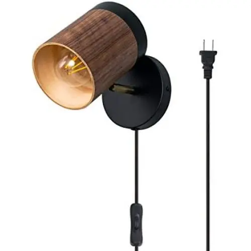 TeHenoo Plug in Wall Lamp Wooden Wall Sconce, Black Wall Light with Cord Rotatable Wall Light Fixture for Bedroom Living Room Bedside Lamp