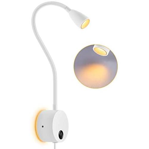 OBSESS gooseneck Reading Light Bedside LED Night Light with Dimmable Button and Touch Switch,Warm White 3W Book Reading Lamp with Atmosphere Back Light (White)