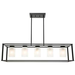 VINLUZ 5 Light Kitchen Island Chandeliers Farmhouse Black Linear Dining Rooms Lighting Fixtures Hanging with White Alabaster Glass Shade Rectangle Modern Industrial Pendant Ceiling Lights