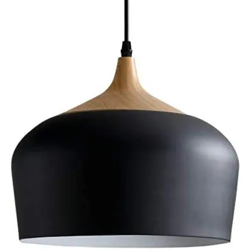 Modern Pendant Light Fixture, D11.4'' Black Metal Lampshade Wood Pattern Dome Minimalist Industrial Ceiling Hanging Light for Kitchen Island, Dining Room, Living Room, Bedroom Restaurant