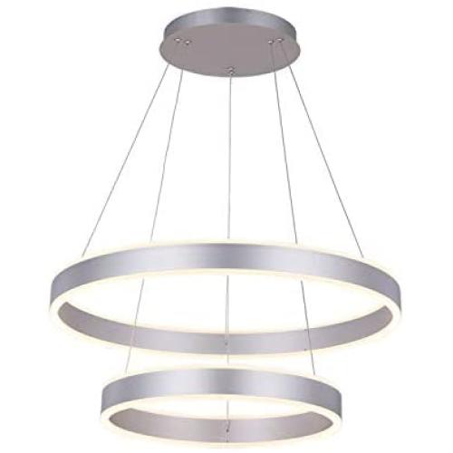 ROYAL PEARL Modern Foyer Pendant Light Dimmable LED Circular Chandelier with 2 Rings Adjustable Hanging Pendant Lighting for Living Dining Room Bedroom Silver Lamp,Silver