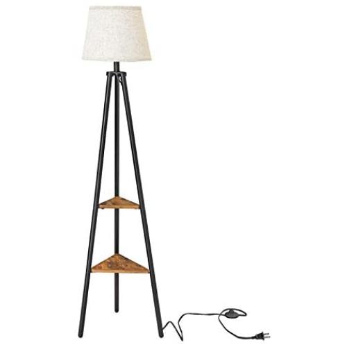 VASAGLE Floor Lamp with Shelves, Standing Reading Lamp with LED Bulb and Lamp Shade, for Living Room, Bedroom, Metal Legs, Rustic Brown ULFL15BX