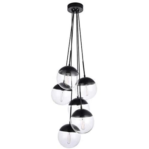 A1A9 Sphere Glass Pendant Lights with 6-Light, Modern Industrial Round Ball Globe Ceiling Light Fitting, E26 LED Chandelier Lamp Fixture for Kitchen Island, Bar, Dining Room, Counter, Cafe (Black)