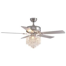 SILJOY 52” Modern Reversible Crystal Chandelier Ceiling Fan with Lights and Remote Elegant Indoor Fan Light Kit for Bedroom Dining Room 5 Wood Blades Silver