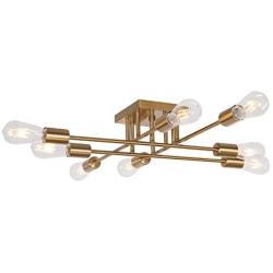 VINLUZ Modern Semi Flush Mount Light 8 Light Brushed Brass Industrial Sputnik Ceiling Light Mid Century Lighting Fixture for Dining Room Living Room Kitchen Bedroom Foyers