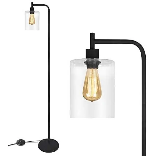 Black LED Floor Lamp, Acaxin Tall Standing Lamp with Hanging Glass Lamp Shade, Simple Industrial Light with Halogen Bulb for Living Room & Bedroom