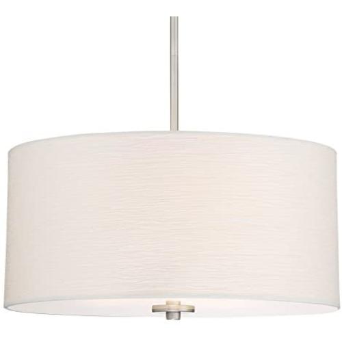 Kira Home Pearl 18'' Modern 3-Light Large Drum Pendant Chandelier, White Textured Shade + Glass Diffuser, Adjustable Height, LED Compatible, Brushed Nickel Finish