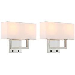 Permo Set of 2 Single Wall Sconce with Twin Head and Twin On/Off Switch Button Living Room Bedside Nightstand Light Fixture with White Textile Shades (Brushed)