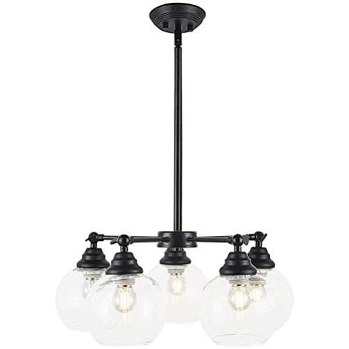 Large Chandeliers Contemporary 5-Light Modern Clear Glass Shades Pendant Lighting Black Dining Room Adjustable Lampholder Lighting Fixtures Hanging Height Adjustable Ceiling Lights (5-Light)