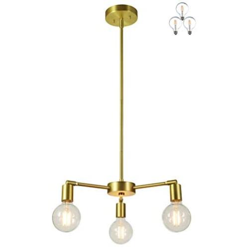 XiNBEi Lighting Chandeliers, 3 Light Brass Pendant Lighting with LED Bulbs for Kitchen & Dining Room XB-C1211-3-SB