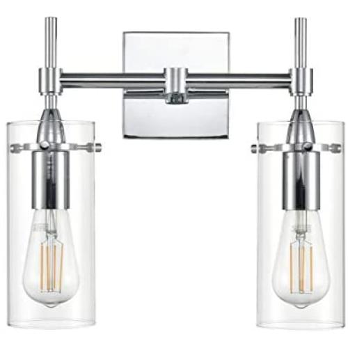Effimero Chrome Bathroom Vanity 2 Light Fixture - Modern Over Mirror Lighting with Clear Glass Shades